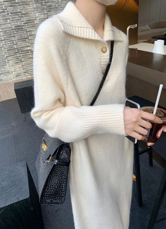 

Autumn Fashion Dress Flip Collar Knitted Dress Loose and Casual Long Style Sweater Long Skirt Elegant Dress for Women