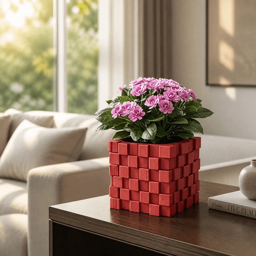 Desk Holder 3D Printed Cube Flower Pot Creative Building Block Style Modern Geometric Planter Vase Home Decoration Indoor Plants