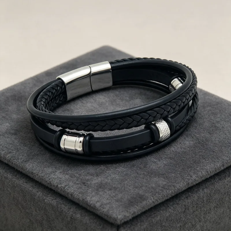 Stainless Steel Men's Bracelet Jewelry Classic Multilayer Braided Leather Bracelet Homme Men Gift