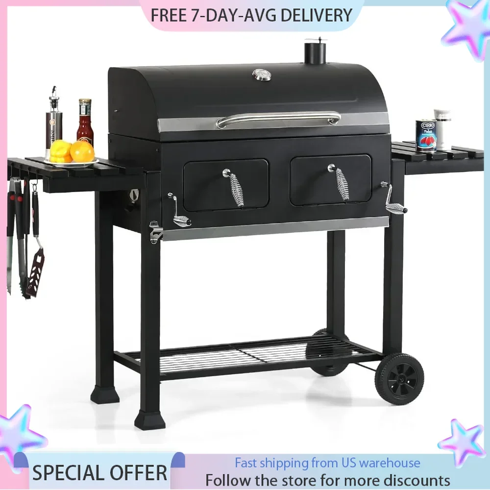 Charcoal BBQ Grill with Oversize Cooking Area(794 sq.in.), with 2 Individual Lifting Charcoal Trays and 2 Foldable Side Tables