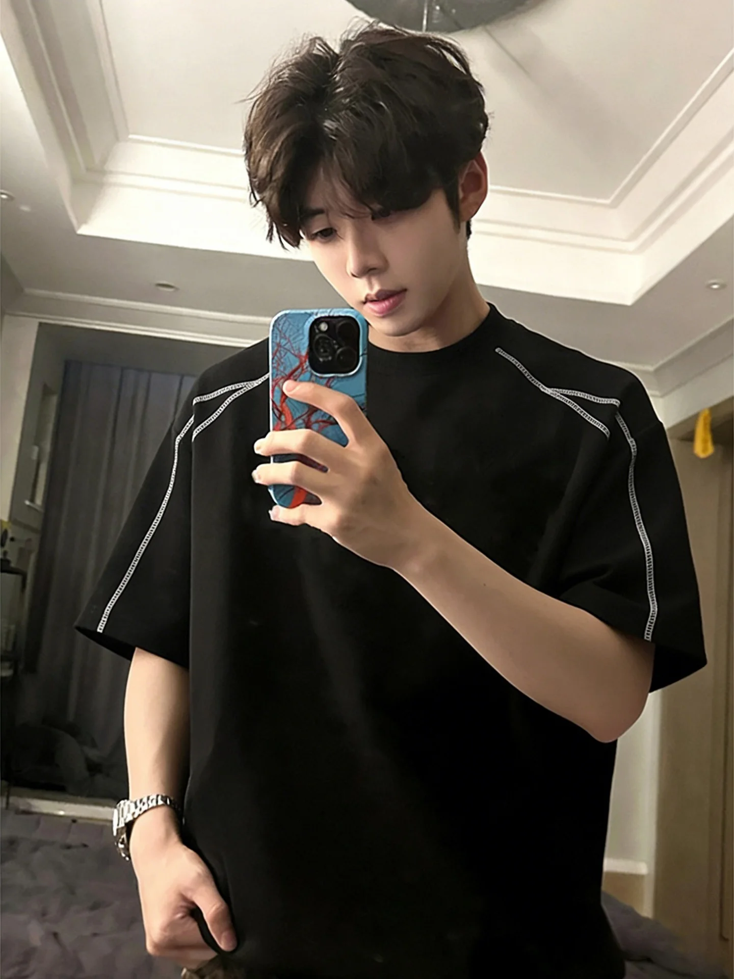 

Мужская летняя футболка American Style Heavyweight Black T-shirt с геометрическим узором, сшитая из разных тканей, с коротким рукавом, Cleanfit