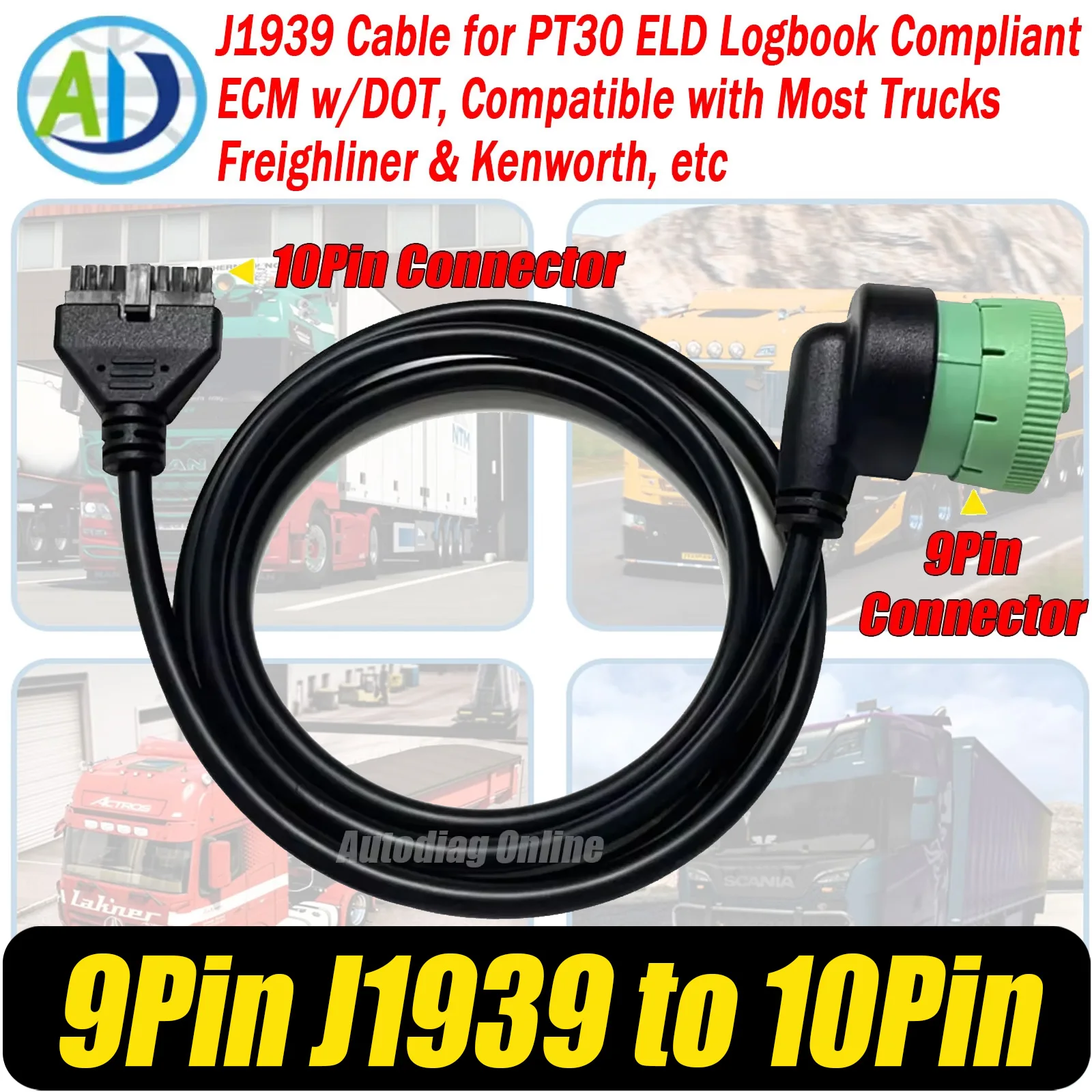 Cable adaptador de diagnóstico de camión J1939 de 9 pines a 10 pines para PT30 ELD Logbook compatible con ECM con punto J1939 para camión Freighliner Kenworth