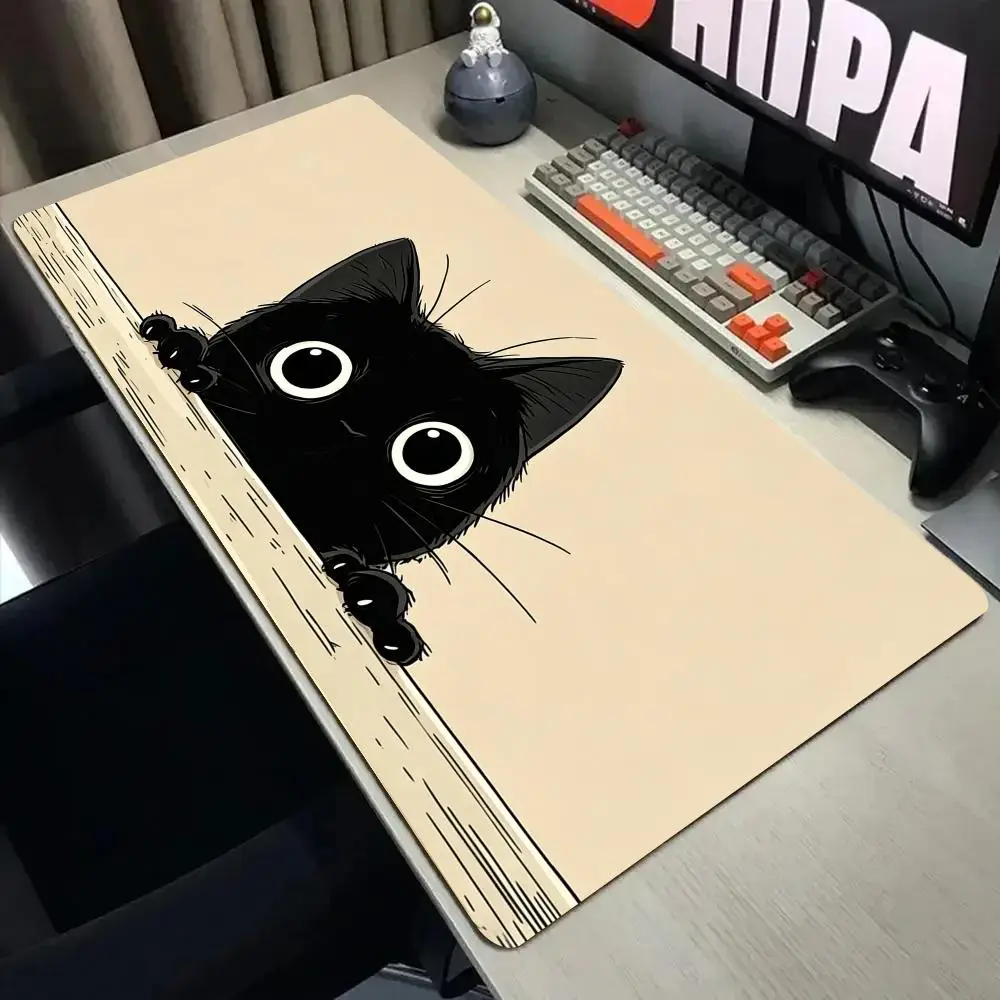 Adorably goofy black cat Mouse Pad Desk Mat with Stitched Edge XXL Mousepads Rubber Anti-slip Gamer Keyboard Rug Gaming Mats