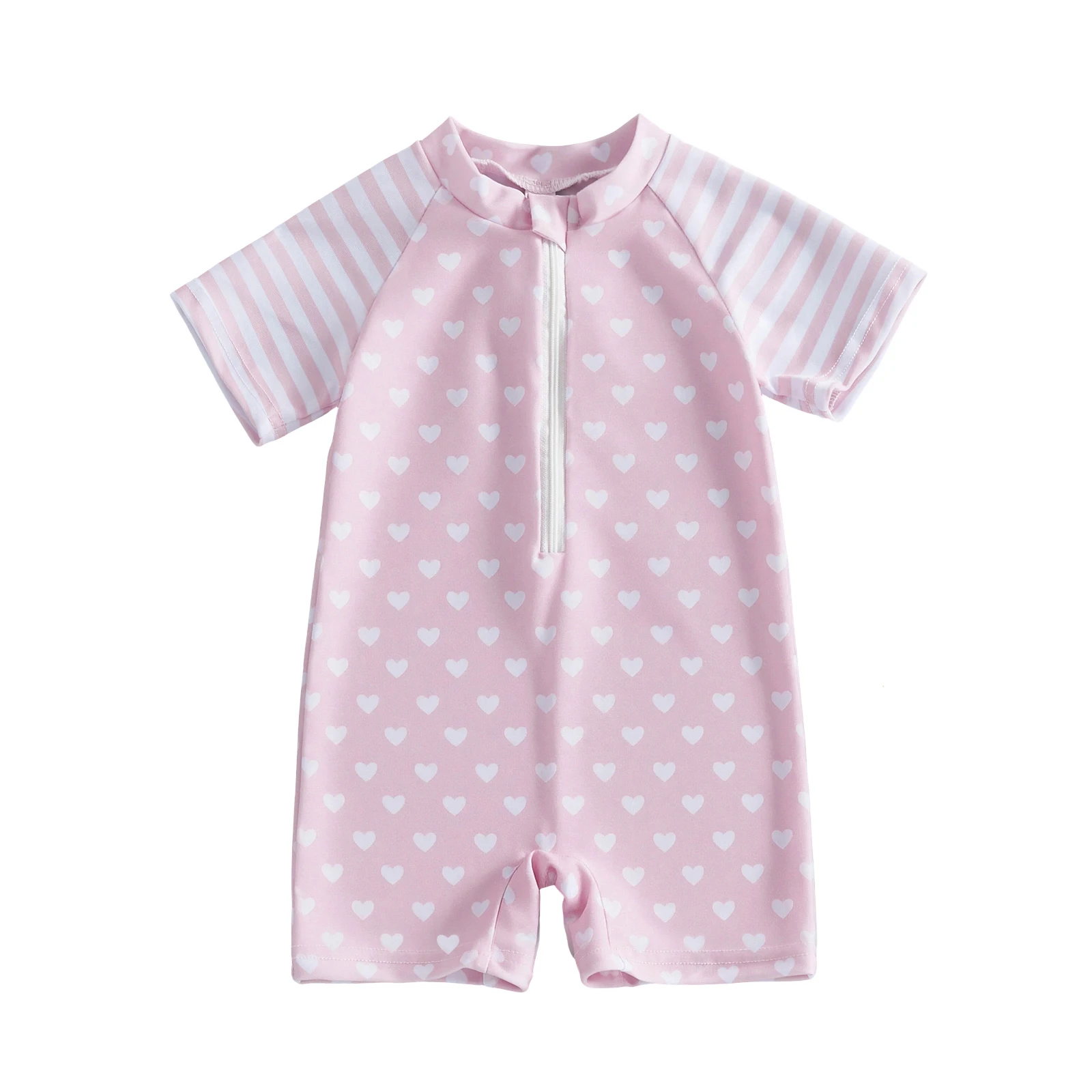 Toddler Baby Girl Swimsuit Summer Short Sleeve Crew Neck Dot Striped Print Zipper Front Cute Swimwear 6M-4T