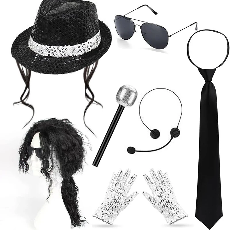 2026 Jackson-Style Pailletten-Hut-Krawatte-Handschuh-Set Funkelndes Disco-Kostüm für Kinder Tanzparty Halloween Bühnenauftritt Cosplay-Outfit