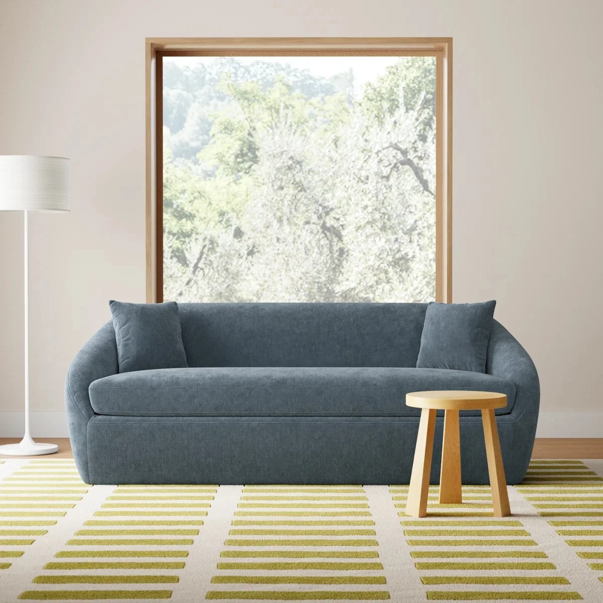 #Modern Minimalist Blue Curved Enveloped Sofa Plush Velvet Fabric Upholstered Couch with Matching Throw Pillows for Living Room