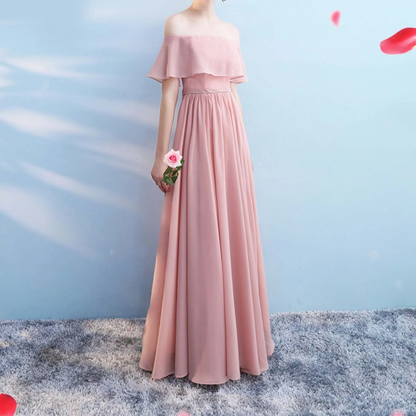 

New Bridesmaid Dresses for Women Fashion Elegant Slash Neck Off the Shoulder Wedding Guest Dresses Solid Chiffon Formal Dress