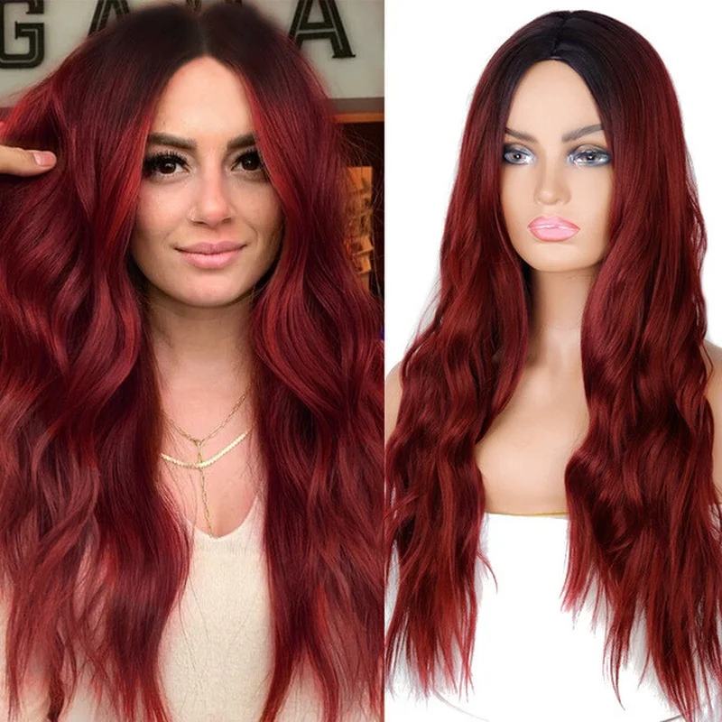 Long Burgundy Ombre Black Roots Wig Body Wave Synthetic Wigs Natural Party Heat