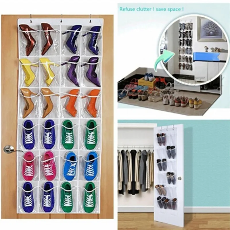 24 Grids Wall-mounted Sundries Shoe Organiser Fabric Closet Bag Storage Rack Mesh Pocket Clear Hanging Over The Door Cloth Box