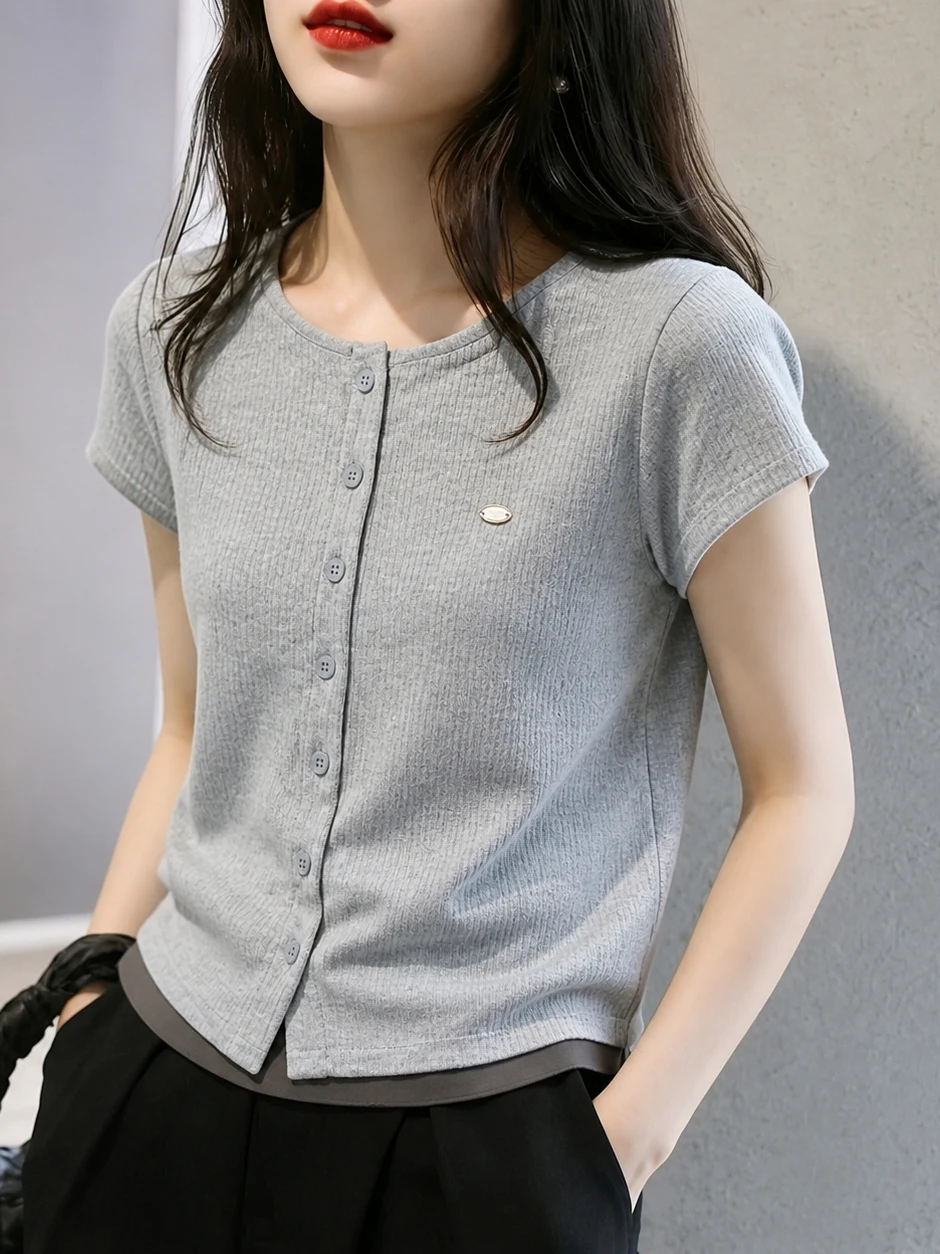 

round Neck Short Sleeve Knitted T-Shirt Single Button Casual Versatile Top Commute Style Simple Summer Fashion Women's Silk