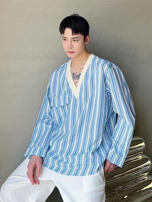 

Мужская рубашка свободного кроя с длинным рукавом и V-образным вырезом в полоску, в стиле ретро, повседневная, молодежная, корейский стиль, весна-лето, модная, популярная.