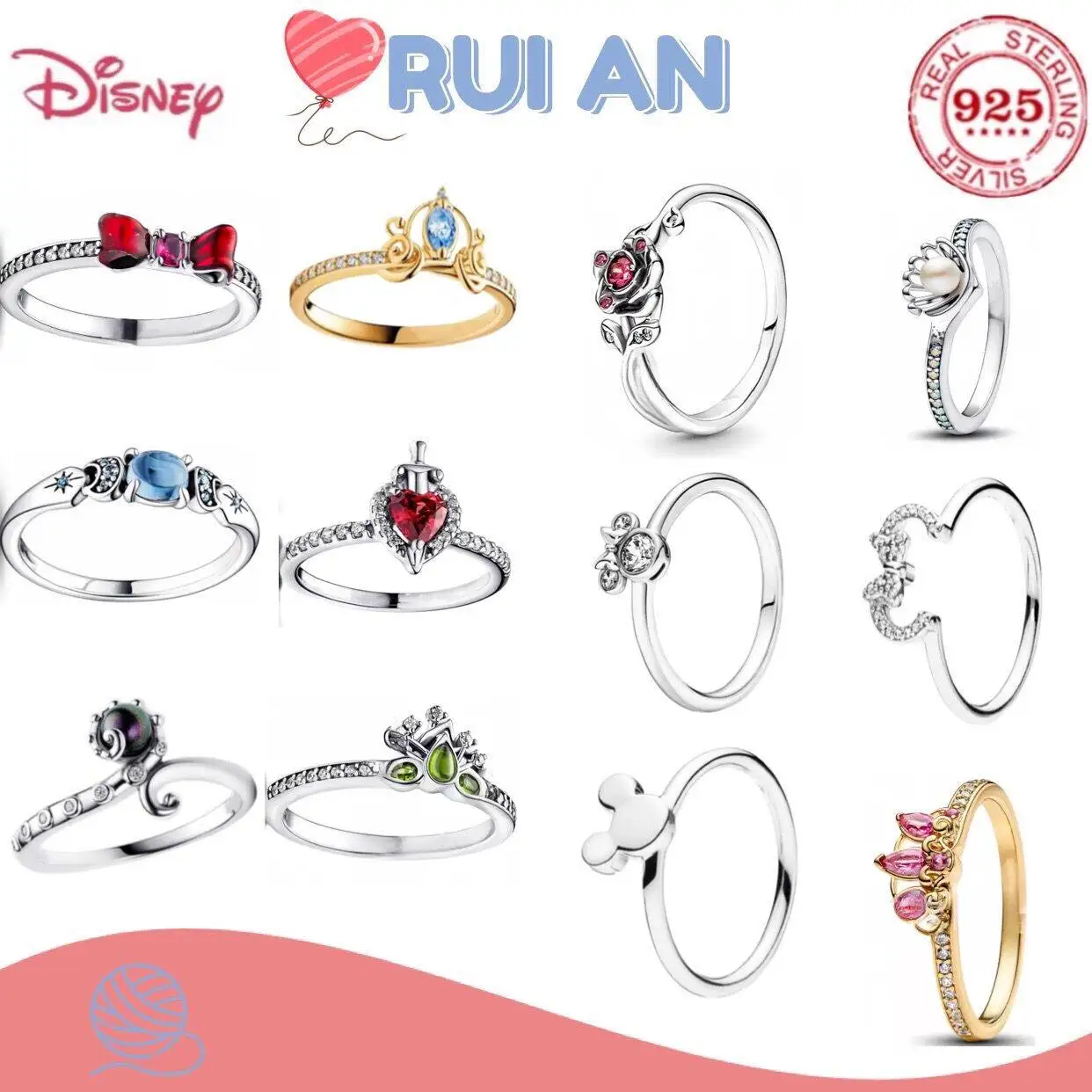 

Original best-selling Disney 925% sterling silver charm ring crown rose women's fashion jewelry suitable wedding engagement gift