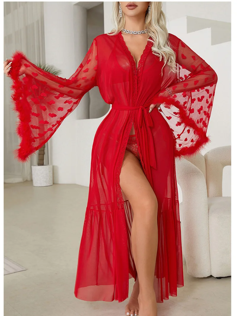 Sexy Mesh Nightgown Seductive Cardigan Women Bathrobe Home Outerwear Dress Elegant Flower Fashion Loose Casual Women ZP7F