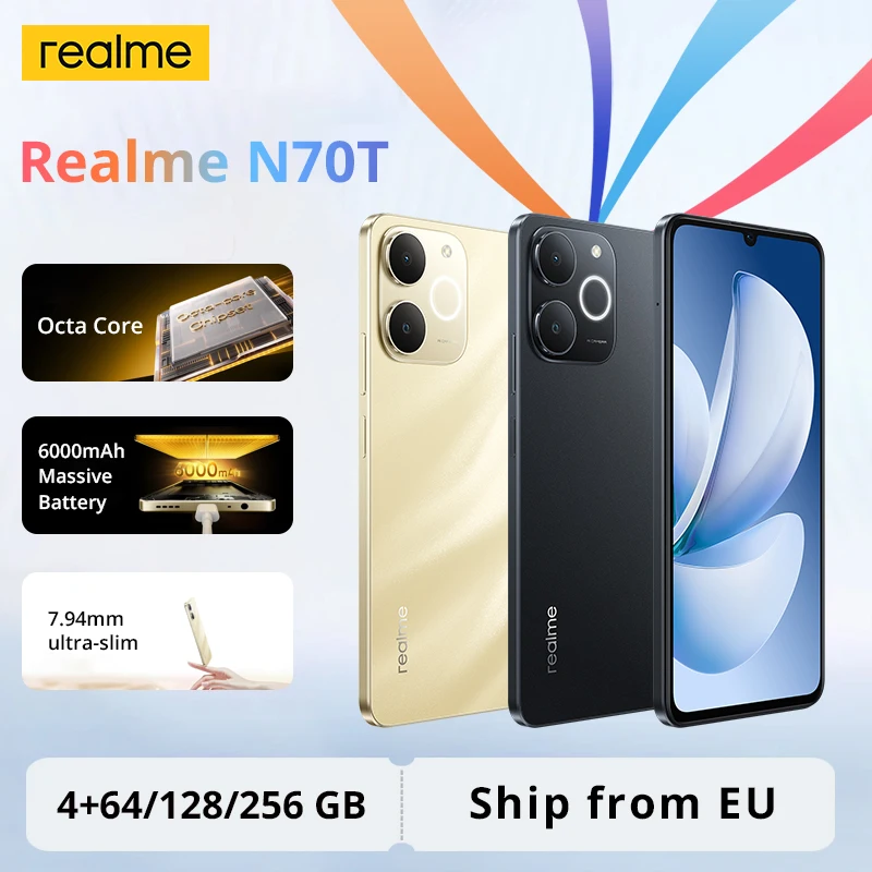 Version mondiale realme Note 70T AI Smartphone 6.75 pouces 90Hz écran 6000mAh batterie 13MP Al caméra octa-core Chipset IP54