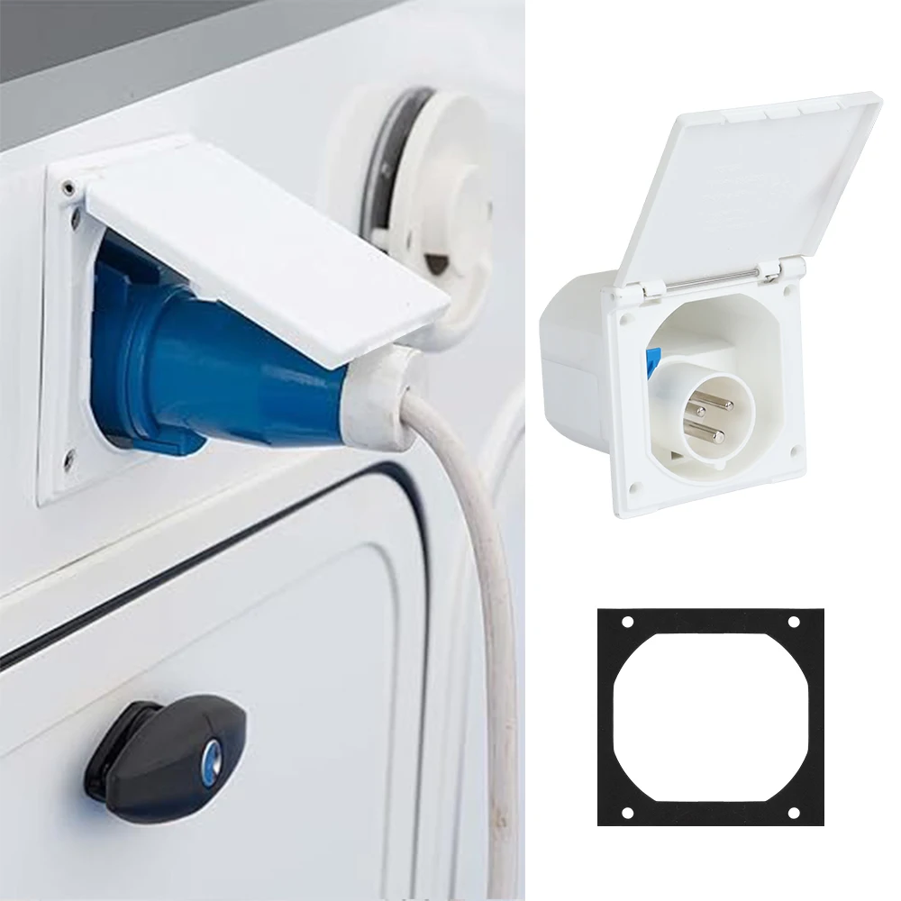 CEE Caravan Power Supply Plug 3 Pin 230 V / 16 A Mains Hook Up Socket Camping Extension Plug With Hinged Lid