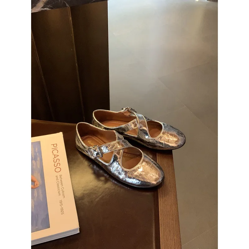 

Autumn Cross Strap Silver round Head Mary Jane Women's Shoes Shallow Mouth Flat Bottom Pumps Women