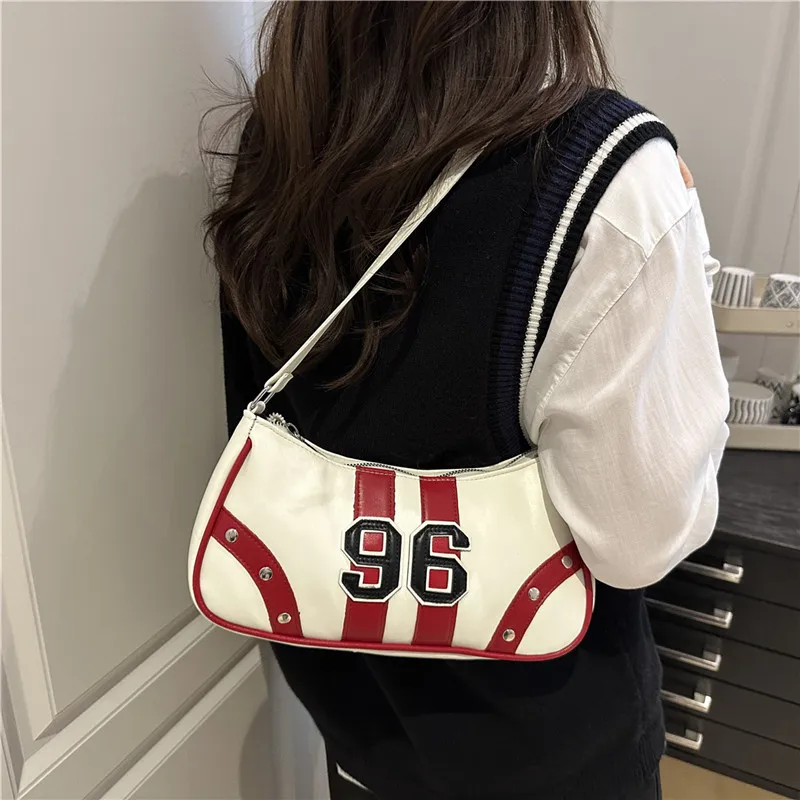 

Y2K 96 Number Print Shoulder Bag, Retro Sporty Striped Purse Handbag, Casual Armpit Bag with Studded Detail for Women Daily Use