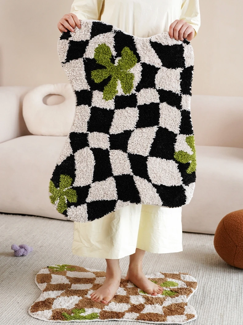 

Thickened Flocking Chessboard Pattern Entrance Mat Absorbent Bathroom Rug Home Use Simple Design Autumn Winter Shoe Changing ...