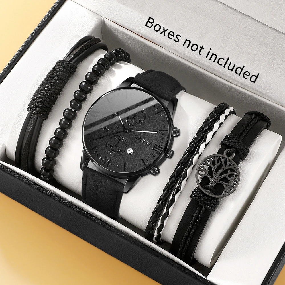 5pcs personalized men's watch steel strap quartz watch strap necklace bracelet set suitable for daily wear and holiday gifts