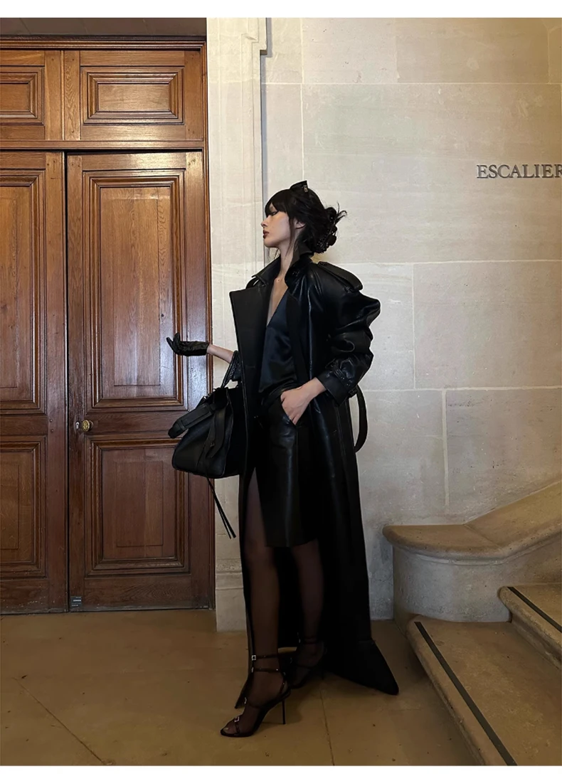 Lautaro Spring Autumn Extra Long Black Pu Leather Trench Coat for Women with Back High Slit Luxury Chic European Fashion 2024