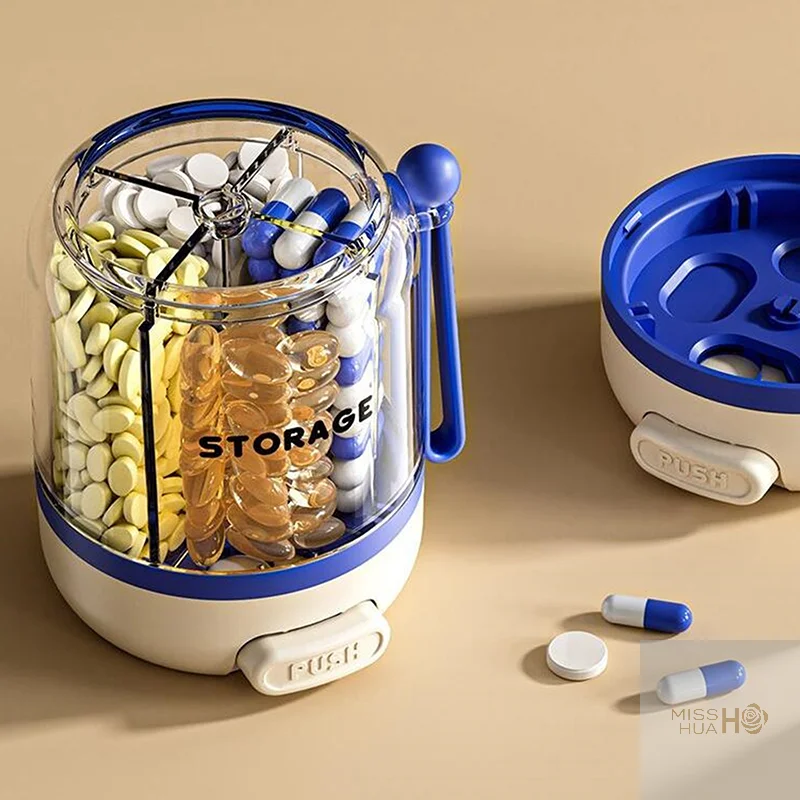 YY صندوق حبوب مستدير 4-مقصورة علبة حبوب منع الحمل توزيع المخدرات صندوق دواء يومي صغير محمول منظم حافظة تخزين اللوحي