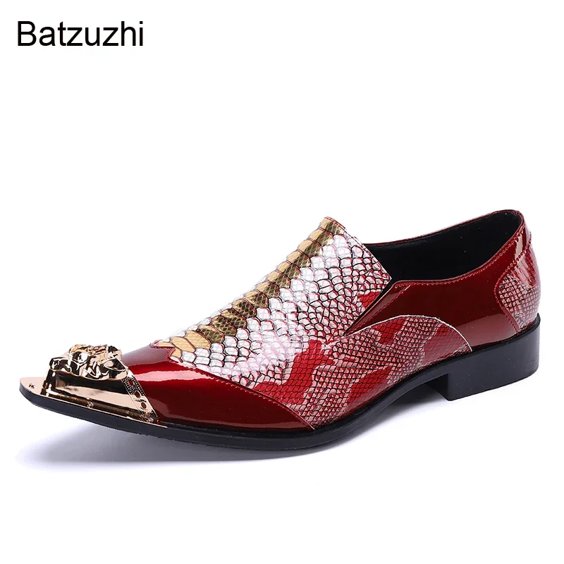 Batzuzhi New Design Formal Genuine Leather Dress Shoes Men Slip on Golden Metal Toe Color Business, Party and Wedding Shoes Man