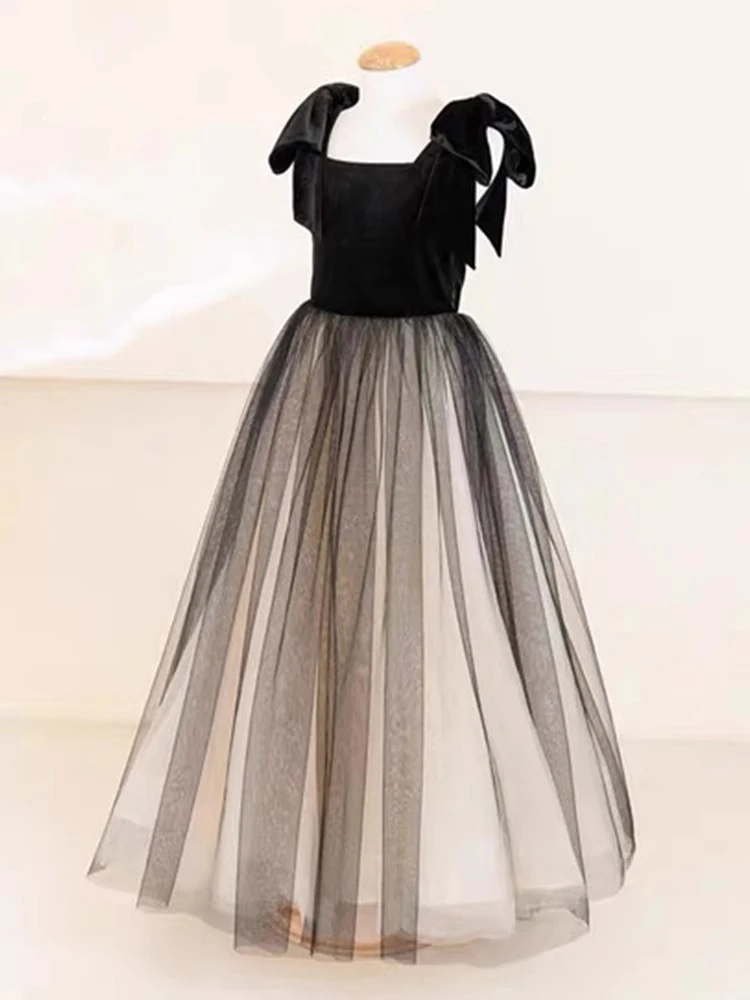 Princess Style Children's Formal Dress Velvet Strapless Piano Violin Performance Outfit Black Tulle Skirt for Girls
