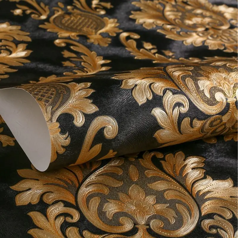 Pure Black Gold 3D European-style Large Flower Wallpaper Bedroom Living Room Background Wall Luxury KTV Bar Embossed Wallpaper