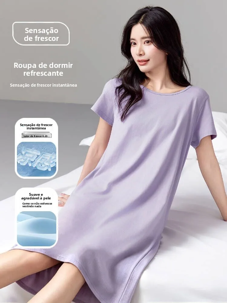 cool-sensation-modal-short-sleeve-women's-sleepwear-home-clothes-summer-outdoor-wearable-sweet-sleep-dress-comfortable-cotton