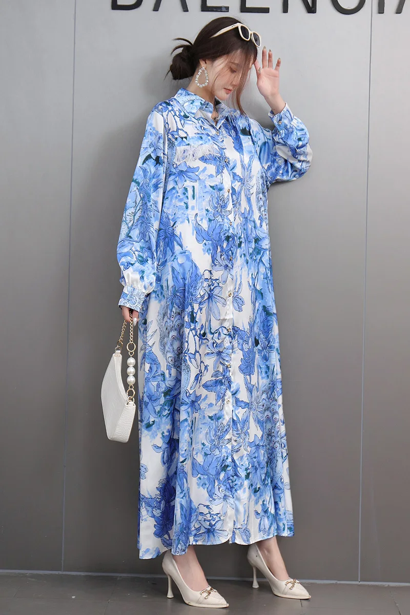 2025 Spring New Fashion Elegant Printed Loose Shirts Long Dress Women Long Sleeve Dress Female Wholesale J722