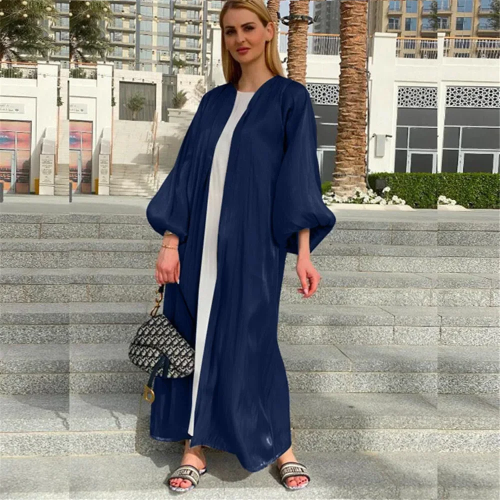 Eid Ramadan Abaya Satin femmes ouvert Kimono Cardigan Maxi Robe caftan dubaï musulman manches bouffantes islamique turquie arabe Robe Robe