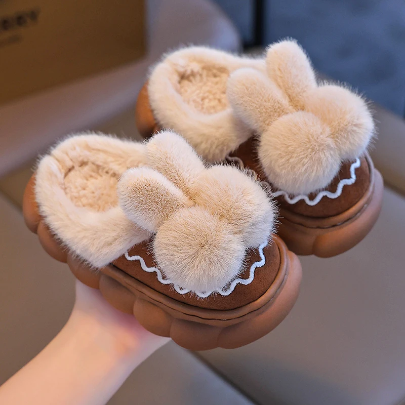 2024 New Winter Cute Hairball Children\'s Waterproof Warm Non-slip Fluffy Slippers For Girls Boys Kids Indoor Home Cotton Shoes