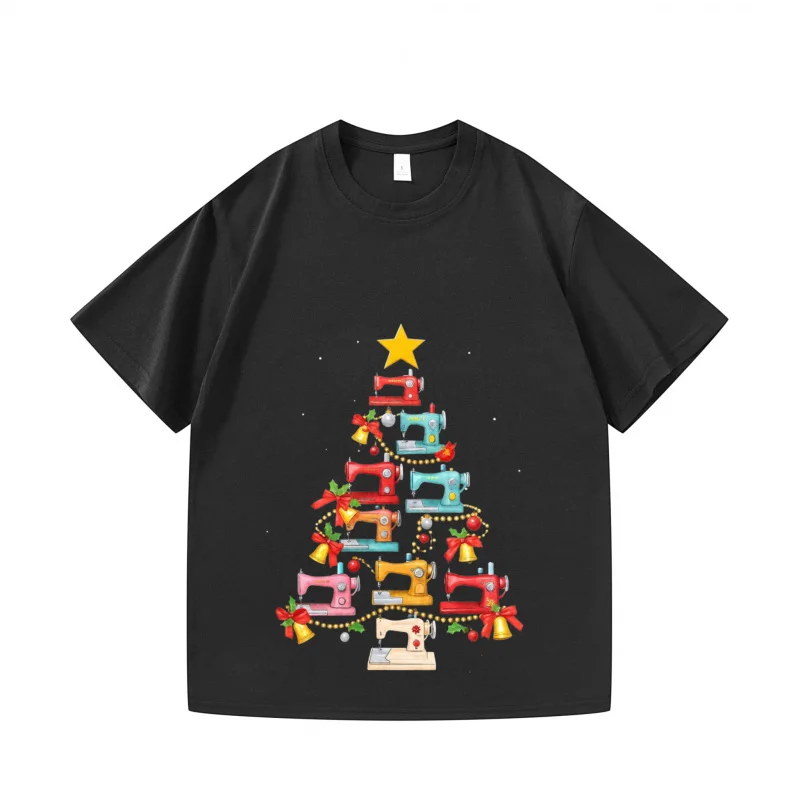 Men's T-Shirt Black Printed Sewing Machine Christmas Tree Xmas Gift Festive Season Holiday Party Tee Top