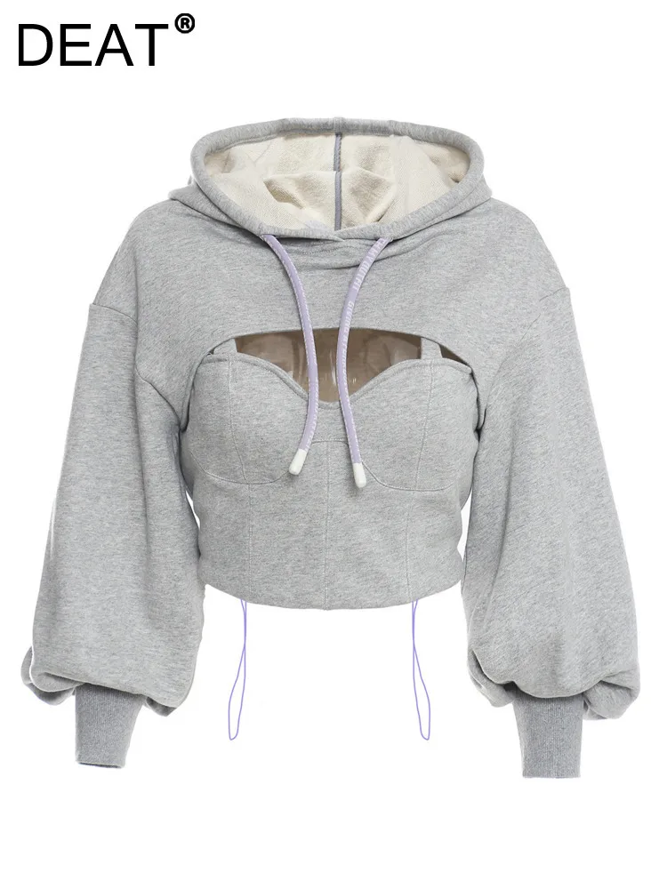 DEAT Fashion Women Pullovers Hooded Batwing Sleeve Drawstring High Waist Hollow Out Fake 2 Pcs Hoodies Spring 2024 New 17A7337