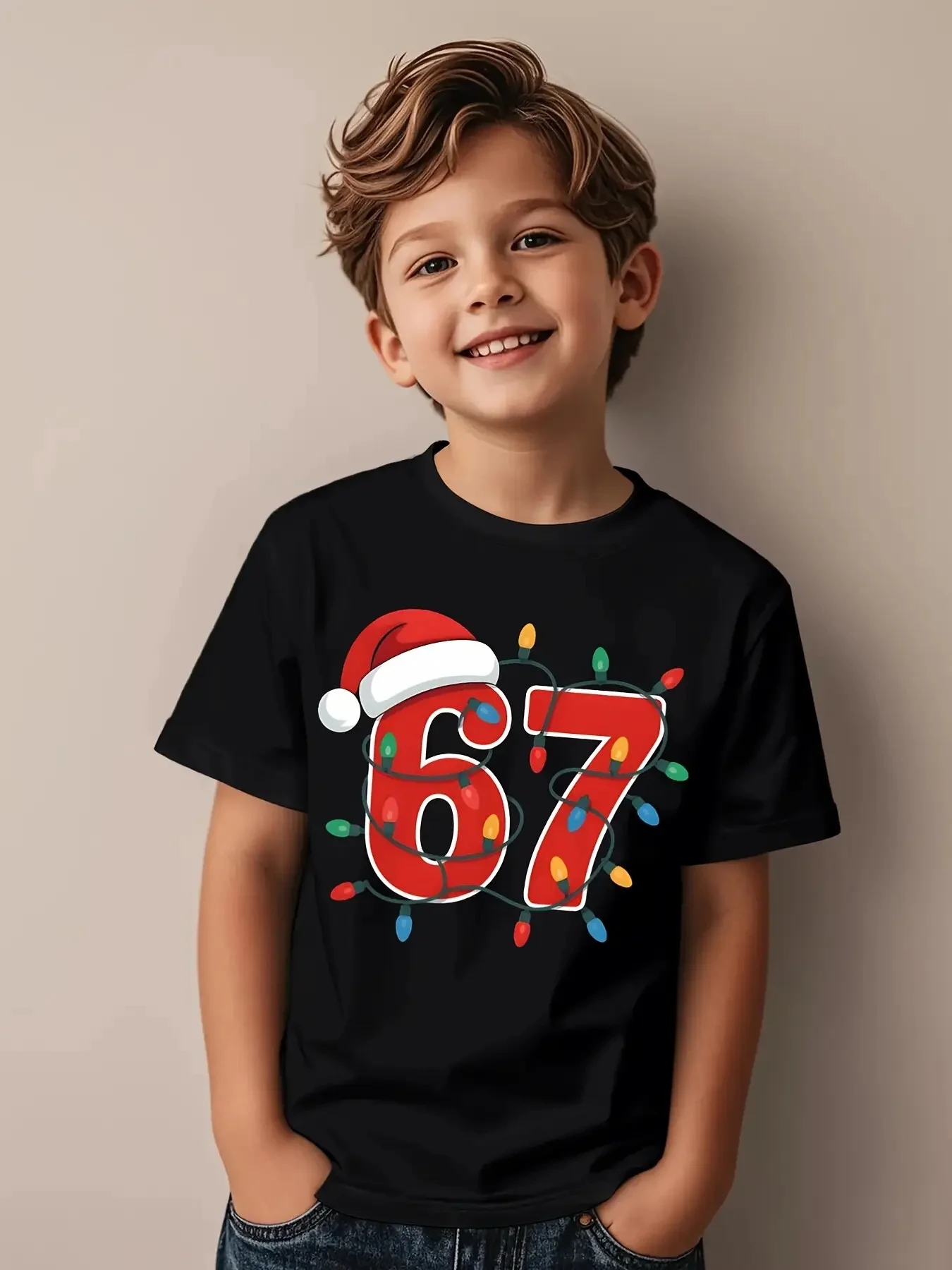 

Christmas 67 Print T-Shirt Santa Hat and Snowflake Design Six Seven Birthday Party Outfit Fun Short Sleeve Casual Tops Boy Girl
