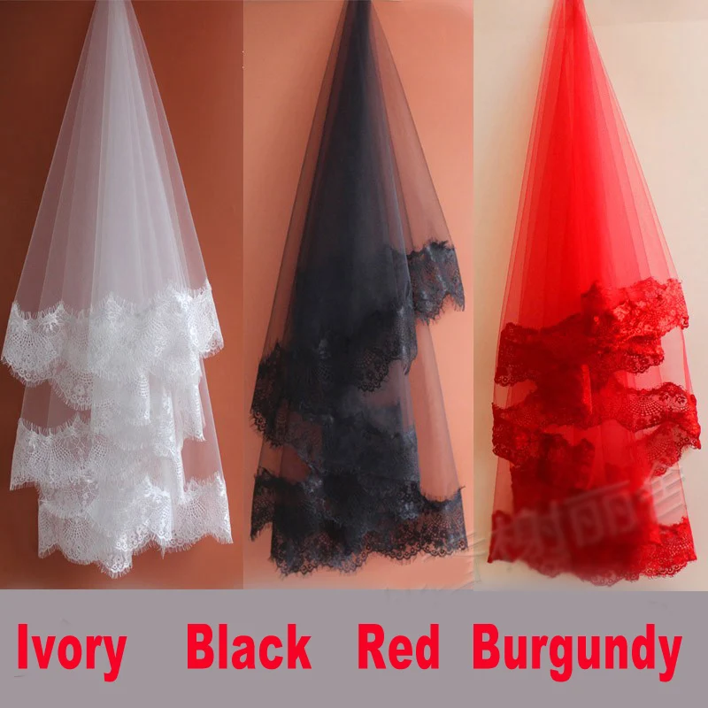 Lace Appliques Wedding Veil Ivory Black Red Burgundy 1.5/2/3 Meters Bridal Veils One Layer Veil Wedding Accessories Velos De Nov