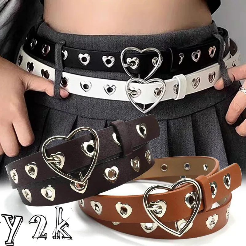 

Vintage Women Belt Fashion Leather Punk Belt with Adjustable Love Heart Holes Luxury Designer Buckle Belt For Dress Jeans Cool