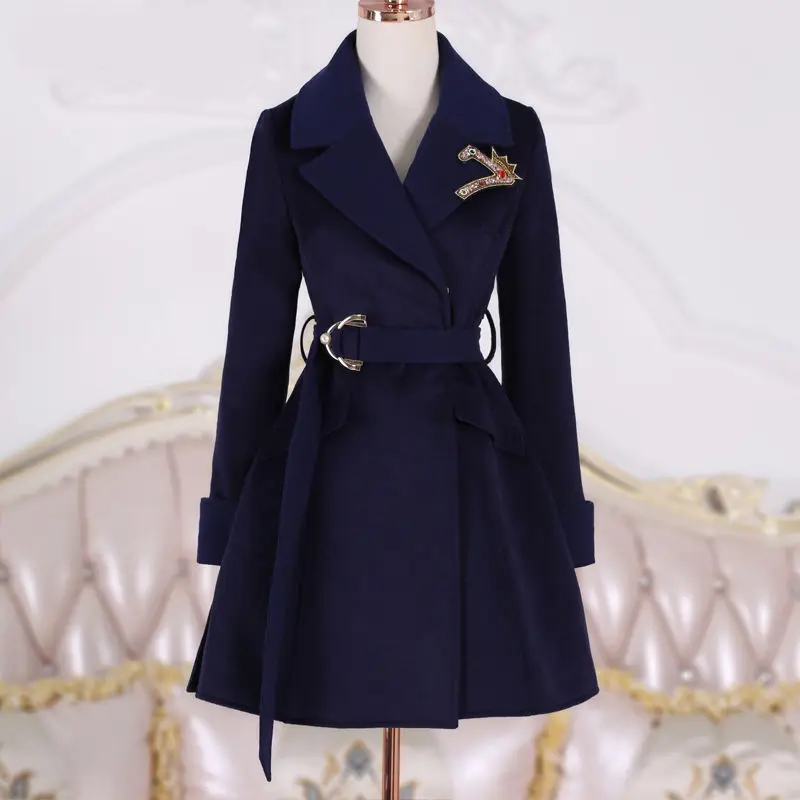 Women's wool coat, thick thermal jacket with dark blue embroidery, tight student clothing, new product 2024