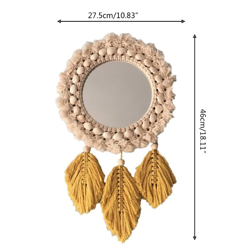 Nordic Woven Tassel Hanging Wall Mirror, Boho Feather, Folha Pingente, Macramé Decoração, GU116