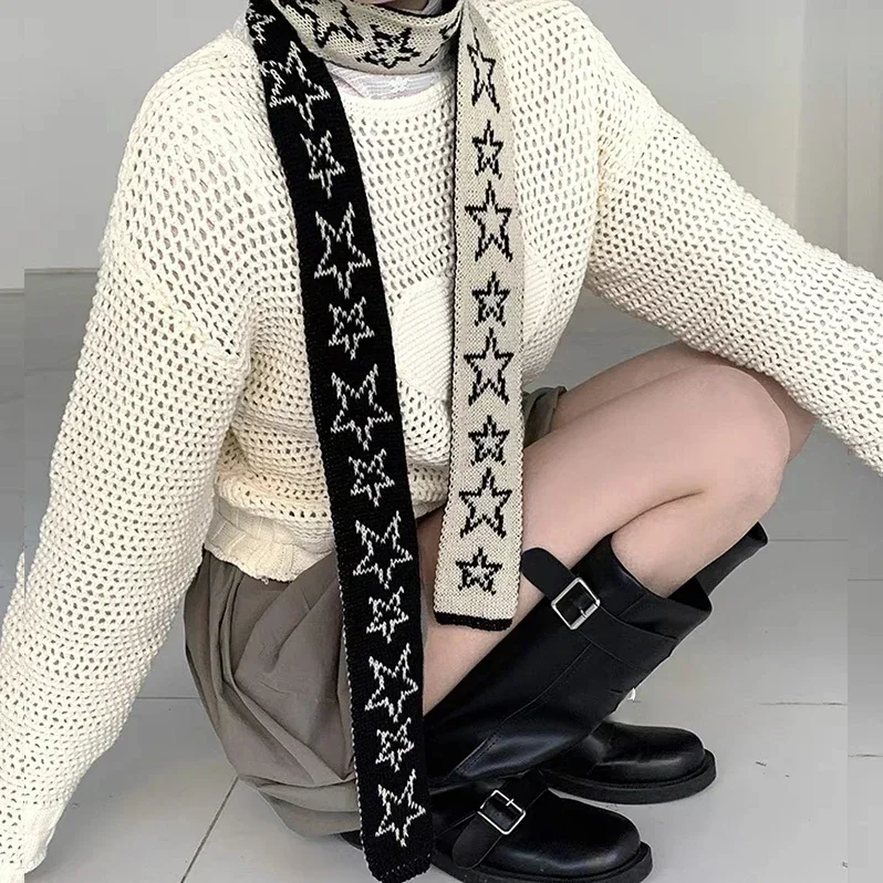 Star Cashmere Scarf Vintage Knitted Narrow Longer Scarf Wome Two Colors Muffler Neck Warmer Y2k Girl Accessories Four Seasons