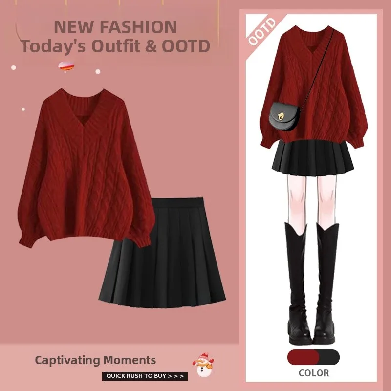 

Lazy Style Knitted Sweater And Pleated Skirt Set High Waist Short Skirt Two Piece Set for Small Figures Autumn Winter Fashion
