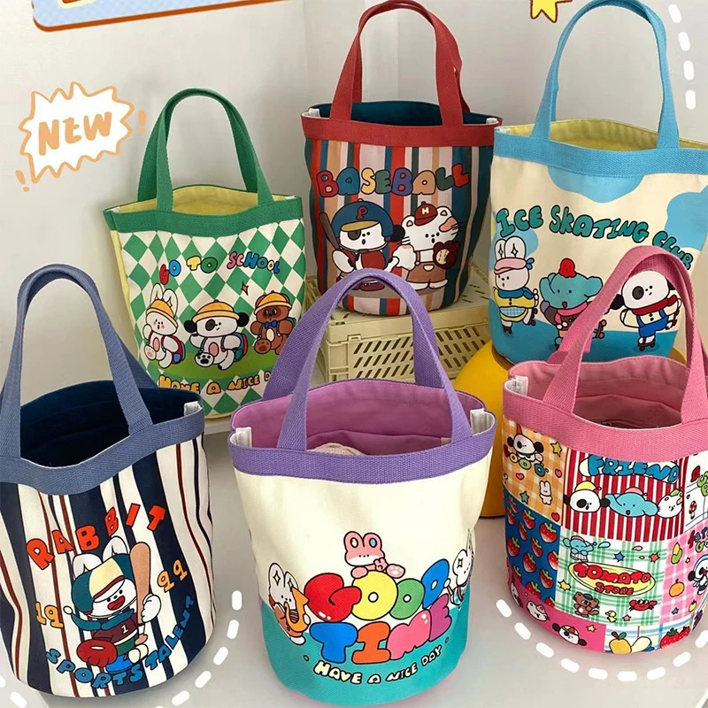 

Lovely Cartoon Printed Bucket Bag Portable Canvas Tote Bag Students Lunch Cylinder Handbag