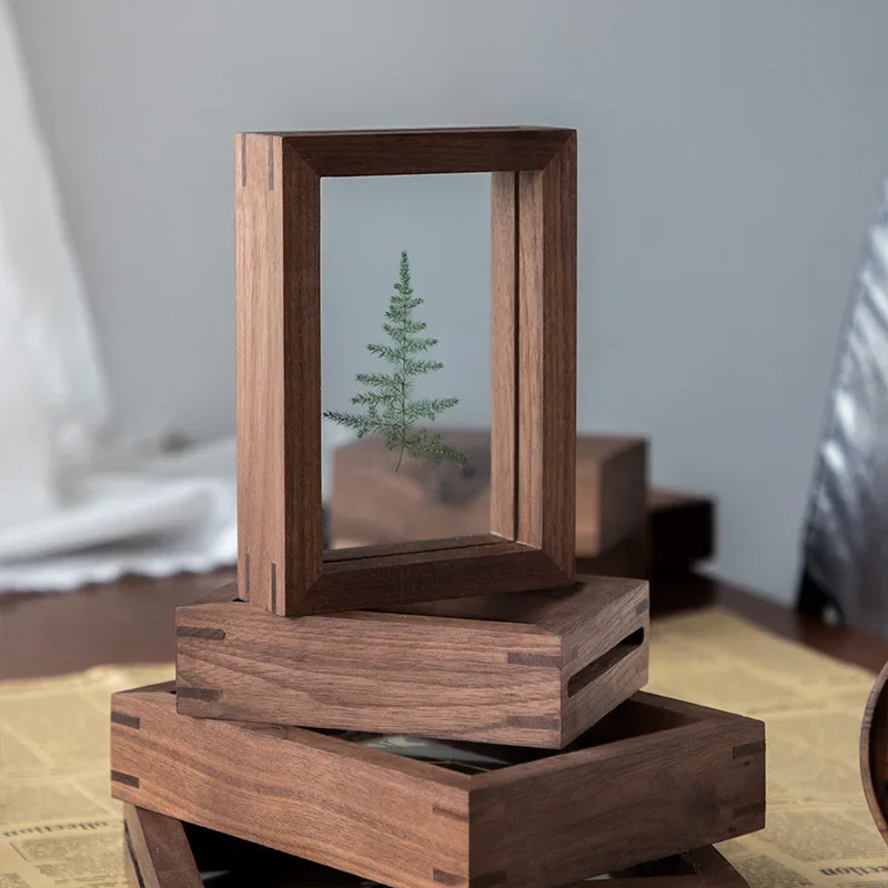 Black Walnut Solid Wood Photo Frame Double‑Sided Glass DIY Specimen Dried Flower Picture Frame Tabletop Wall Mount Home Decor