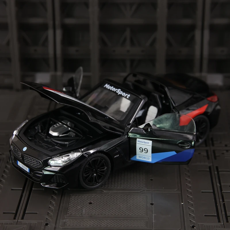 1:22 modelo de carro em liga BMW Z4, rodas dianteiras podem virar para brinquedos infantis, portas e capô do motor, porta-malas podem ser abertas