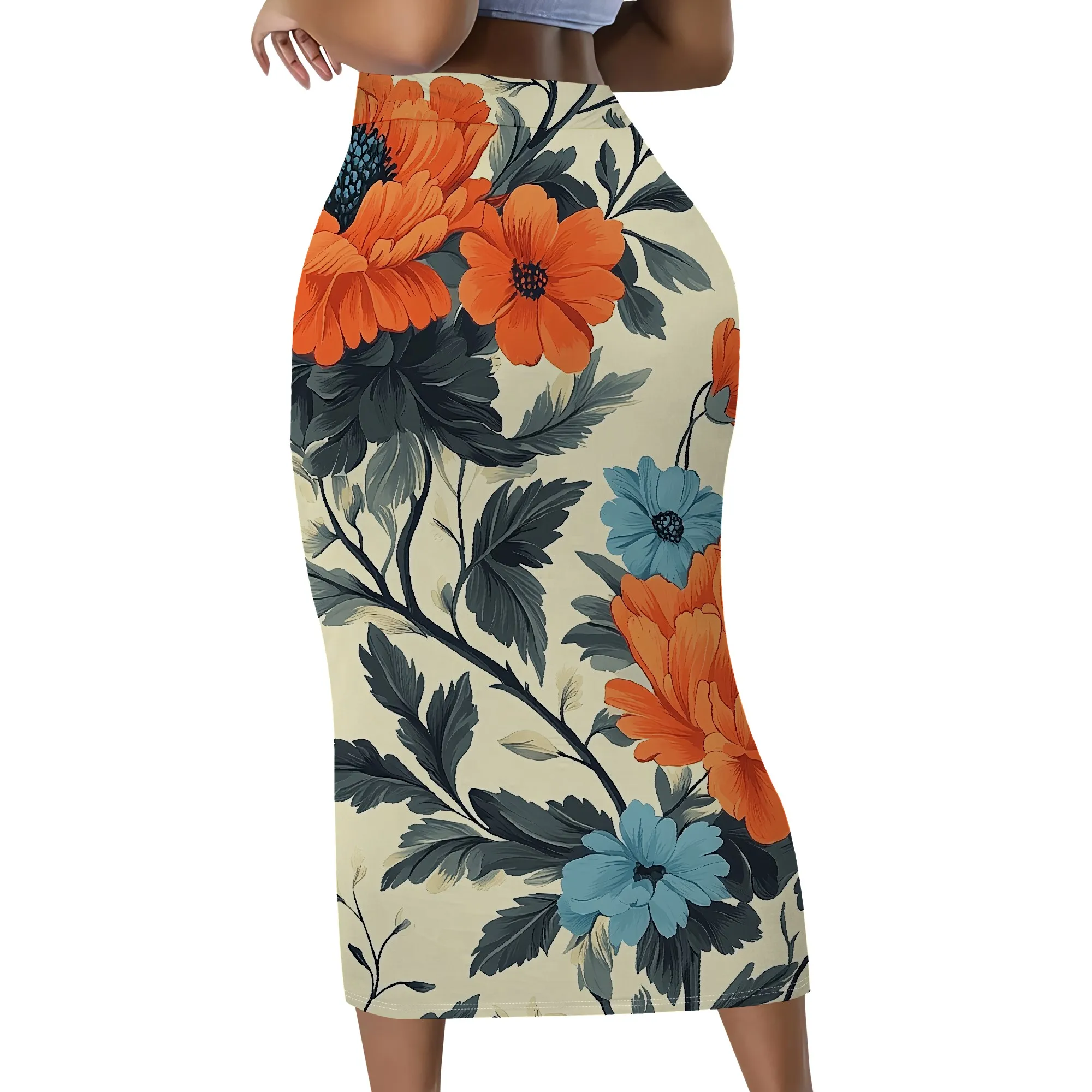 Blumenmuster Bleistiftrock, Orange-Blauer Midi-Rock, Hochtaillierter Bodycon-Rock, Elegante Bürokleidung, S-2XL – Detail 3