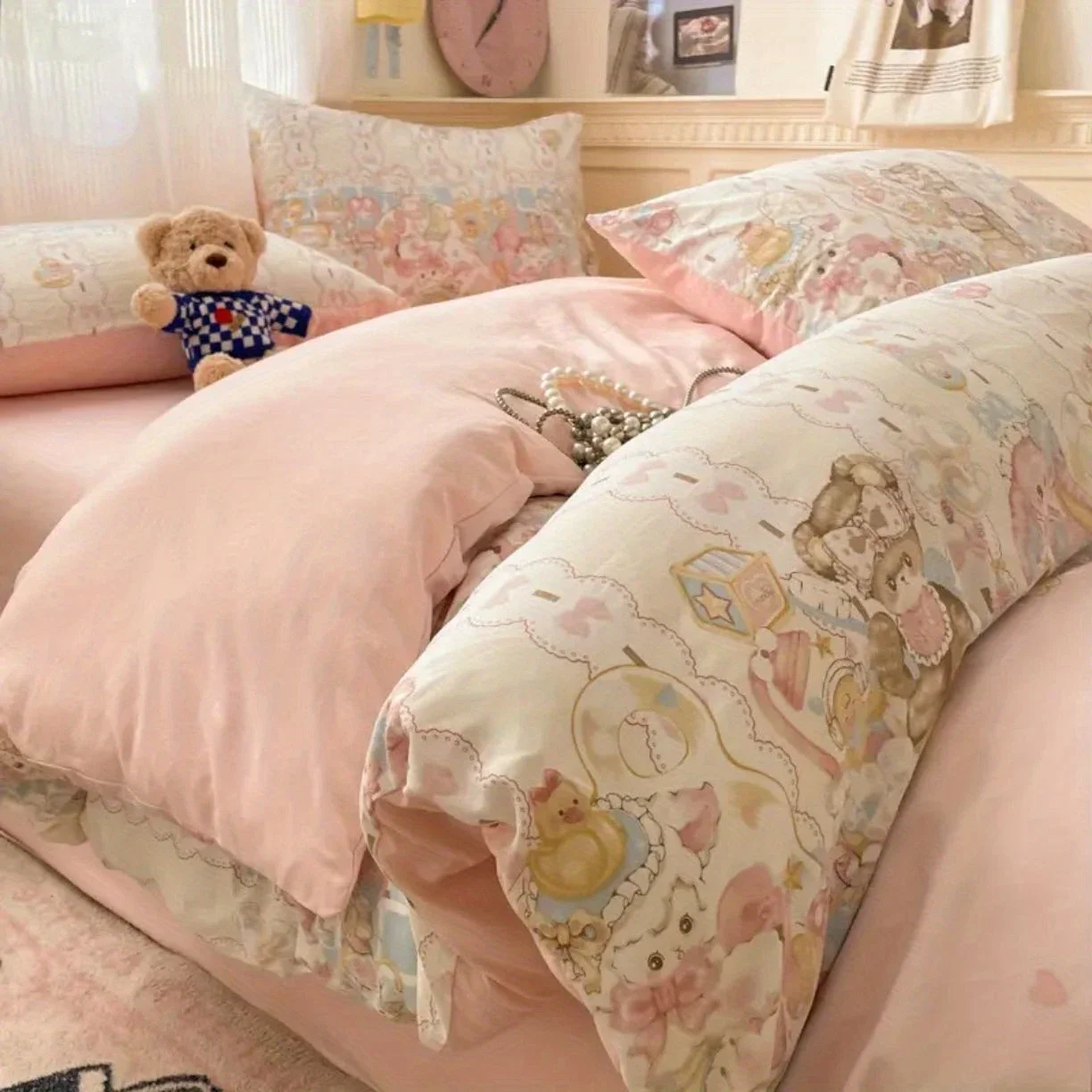 Ins Bear Bedding Set Cute Kids Adult Twin Queen Size Duvet Cover Flat Sheet Pillowcase for Girls Boys Home Decoration Gift