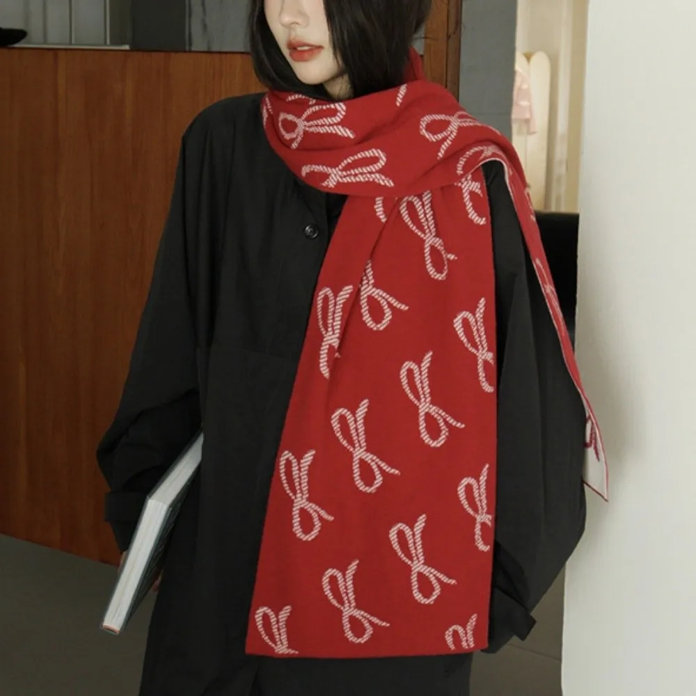 

Trendy Lightweight Bow Scarf Korean Style Two-sided Imitation Wool Scarf Warm Windproof Winter Shawl Gift