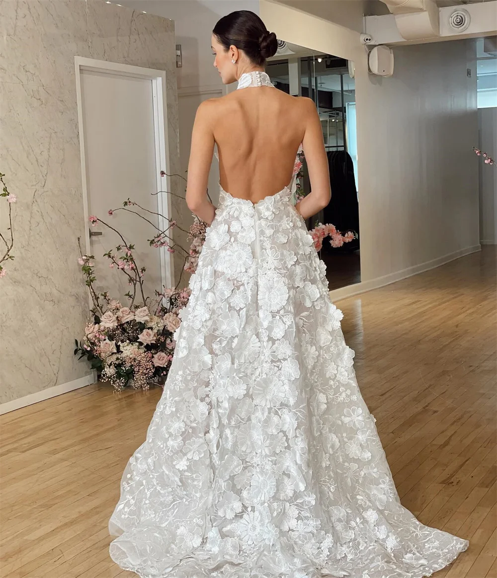 Cathy Three-Dimensional Lace Floral Party Dresses Halter Neck Sleeveless vestidos de noiva Floor-Length Evening Dresses 2024 image 5