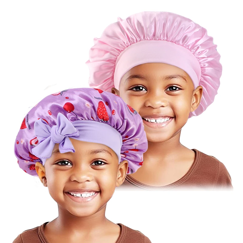 2PCS/LOT Kids Satin Bonnet Sleep Hat Bow Adjust Kids Girls Boys Night Sleep Cap Flower Printed Bonnet  Hair Beanie Shower Cap