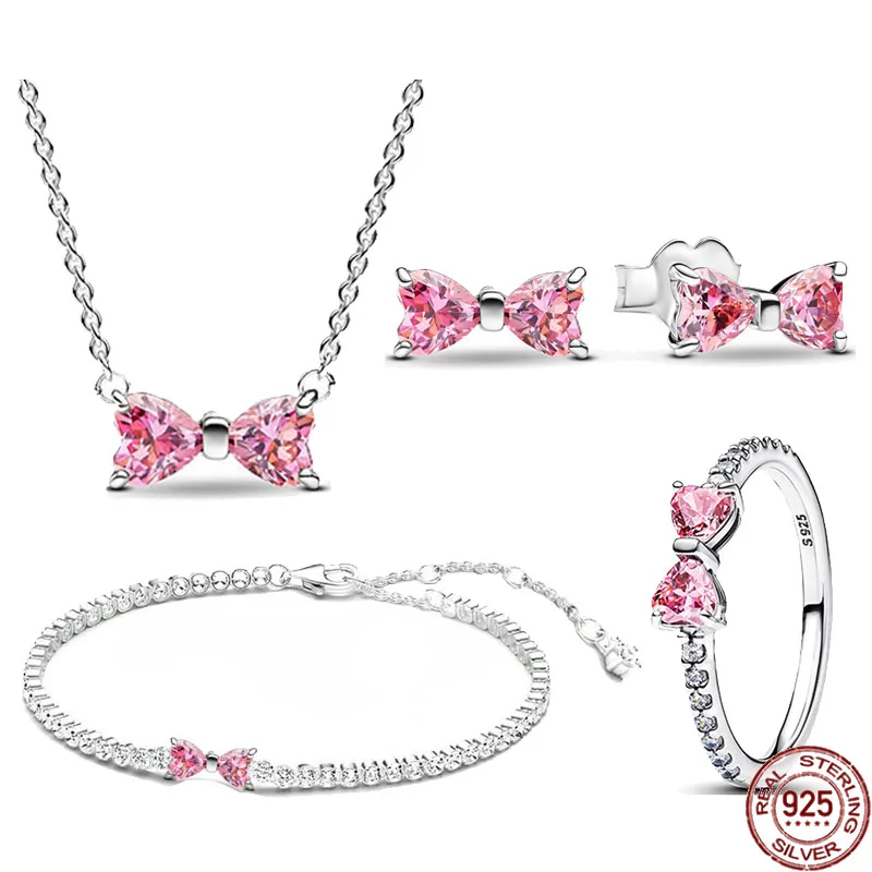 Exquisite Sparkling Pink Bow Series Set 925 Pure Silver Classic Ring Earring Necklace Simple Women's Jewelry Surprise Gifts